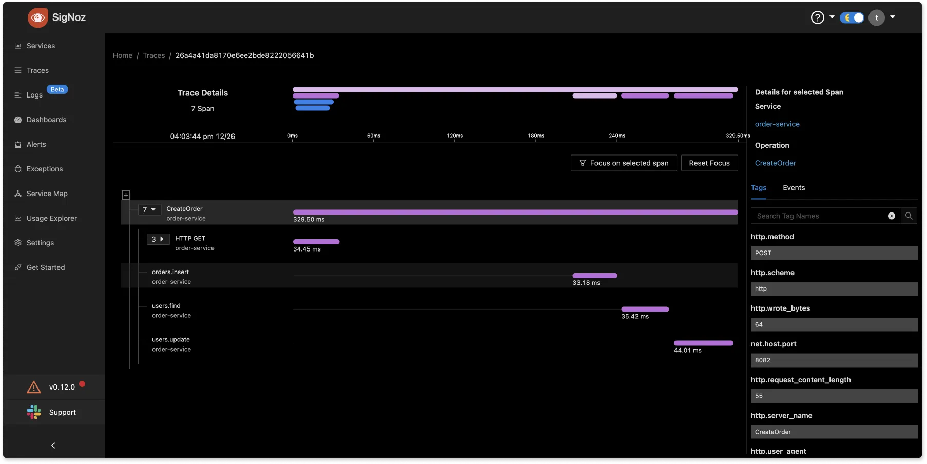 Trace data visualized as flamegraphs in SigNoz.