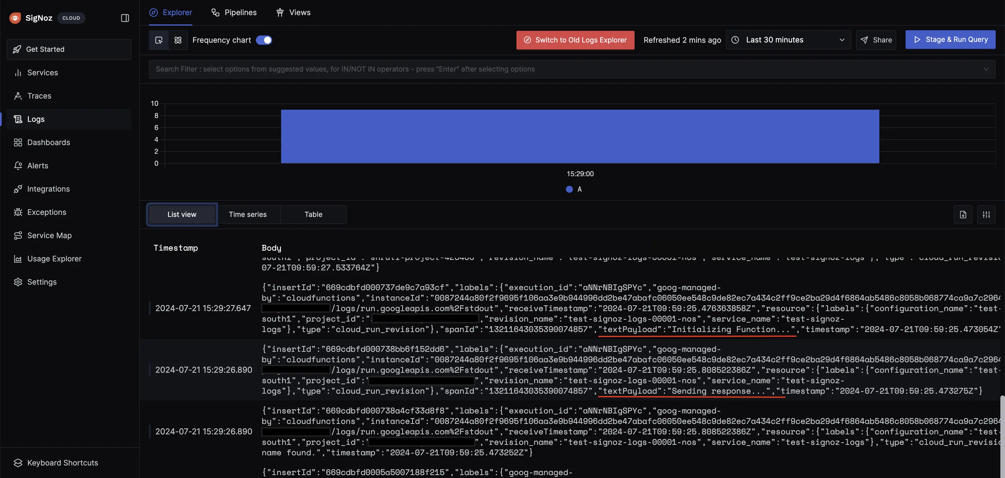 Functions Logs in SigNoz Cloud